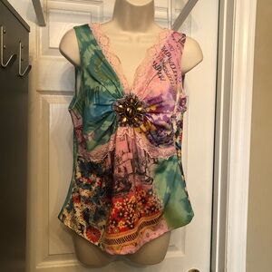 Boho Chic Sleeveless Top with Lace Trim and beaded medallion 
Size XL